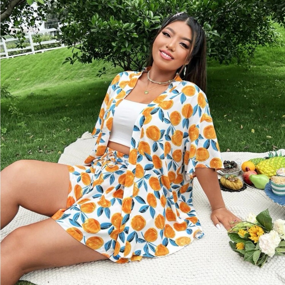 NWT SHEIN WYWH Plus Fruit Print Kimono & Drawstring Waist Shorts